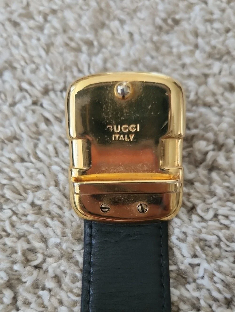 Gucci Black Leather Belt with Gold Buckle and Green Accent